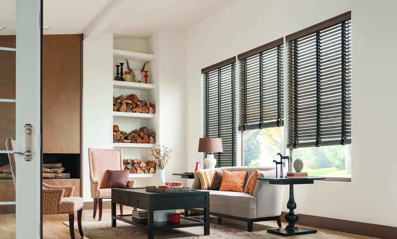 living room with blinds