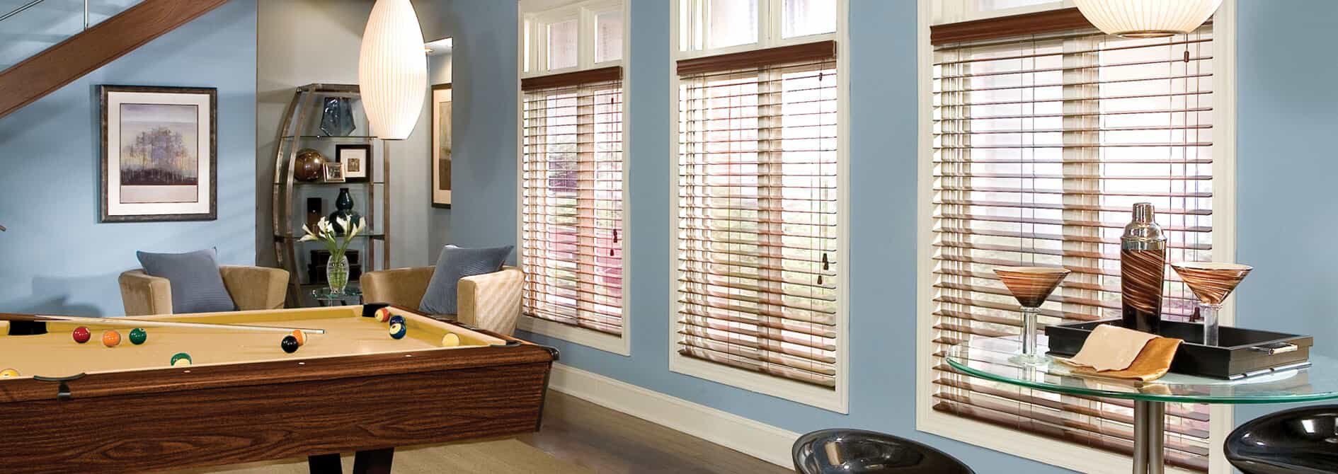 Repaired wood blinds on den windows in Simi Valley