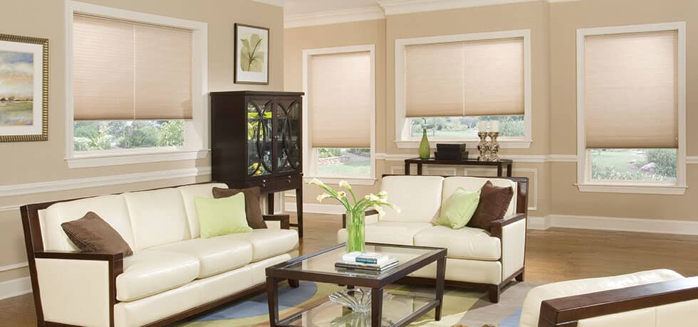 Window treatments installed on living room windows in San Diego