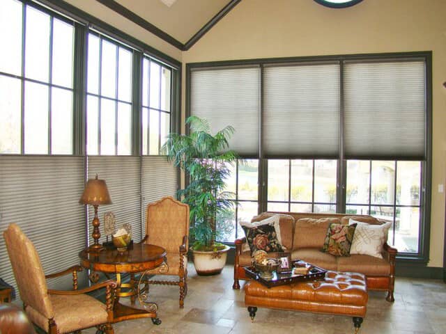 living room with honeycomb shades