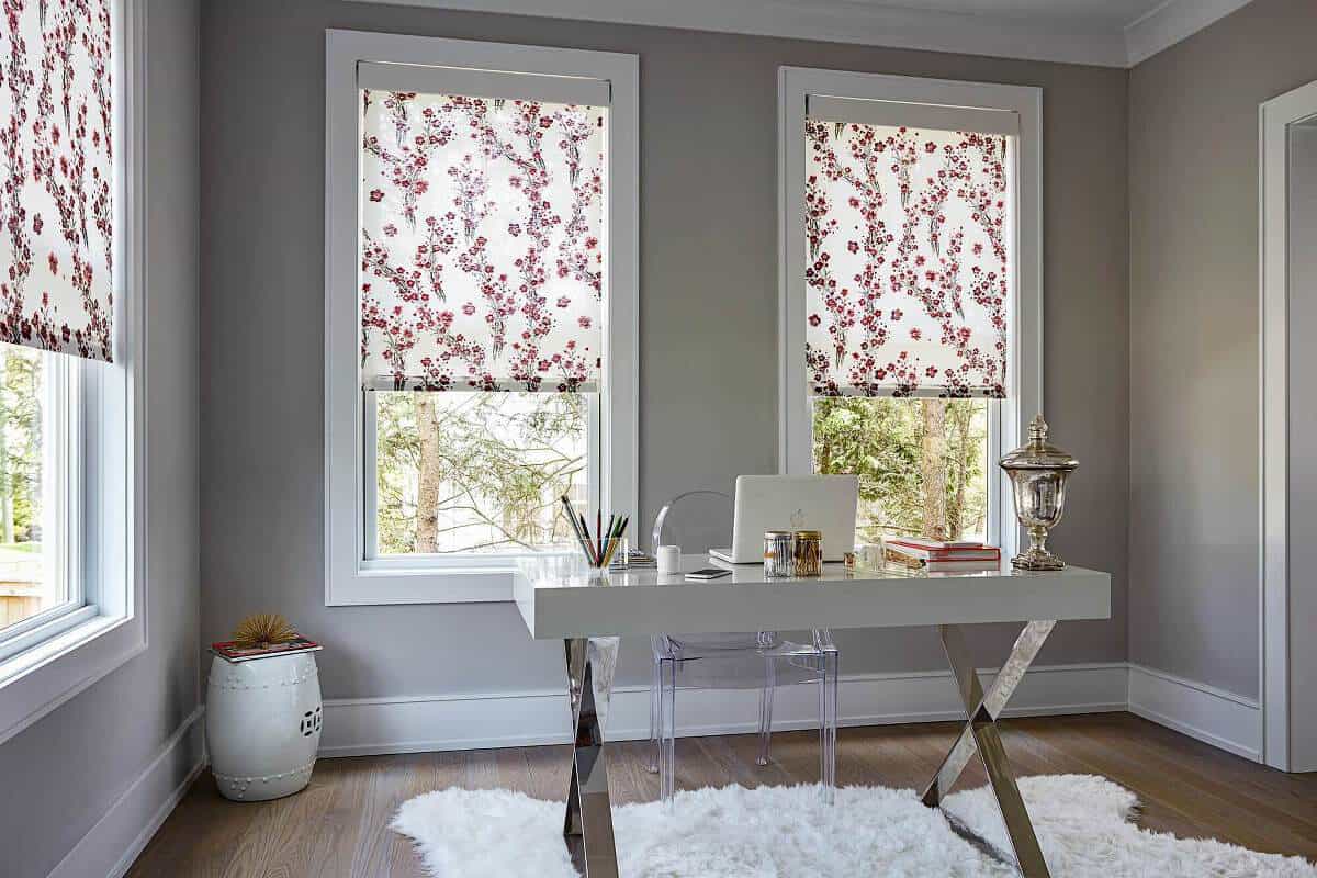 custom floral pattern shades in a home office